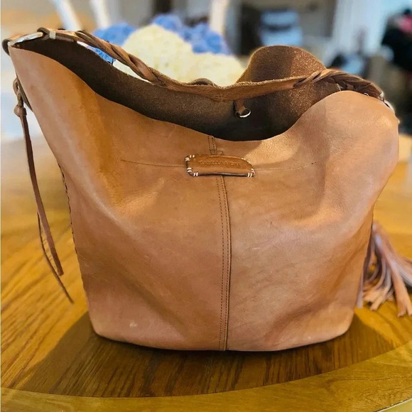 Isabella Fiore Vintage Hobo Cognac Leather Tassle Braided Stitching Detailed Bag - Picture 4 of 16